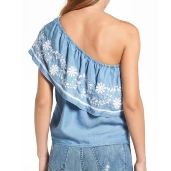 Rebecca Minkoff Women's Rita Denim Blue Chambray One Shoulder Top Size Small - Picture 2 of 10